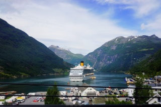 A cruise ship taking up most of the harbor this morning