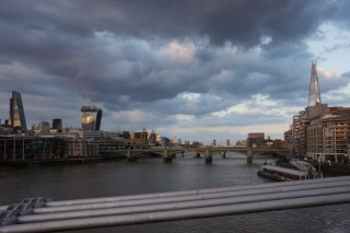 London skyline — Walkie Talkie, Cheesegrater, Shard, moody clouds