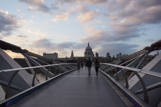 Millennium Bridge toward St. Paul's at dusk