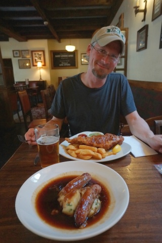 Fish and chips, bangers and mash, and a pint — Brian approves