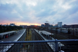 The sunrise over the train depot at 5:00am