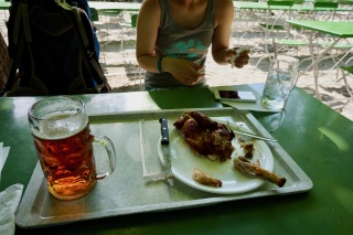 A half liter of beer and half chicken lunch. The Germans crack us up