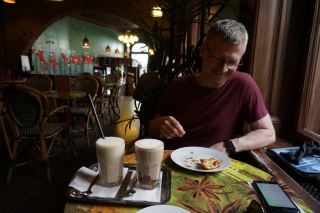 He's laughing because he ordered a Mississipi Chestnut Latte, whatever that is