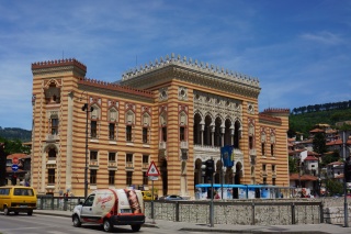 The city hall, destroyed in the 90's war. Recently repainted