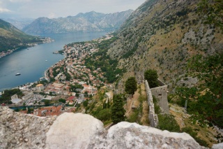Looking down at the wall and the Bay of Kotor