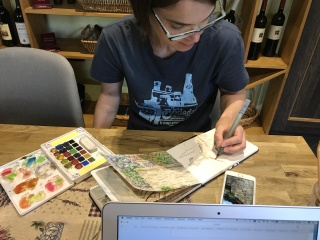 Theresa, painting one last Kotor while we still had a table.