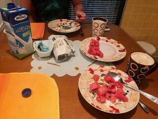 Last breakfast at Emilija's. Coconut latte and the last of the watermelon.